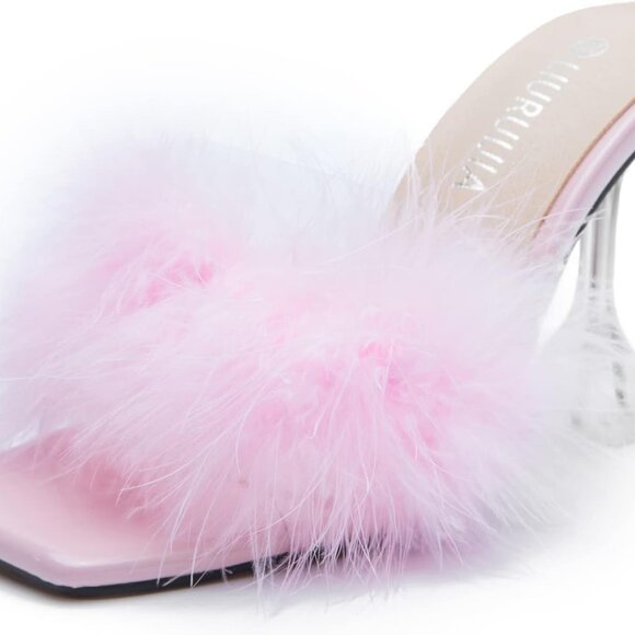 Shoes - Feather High Heel Mules Women Pink Fluffy Square Toe Chunky Bridal Shoes